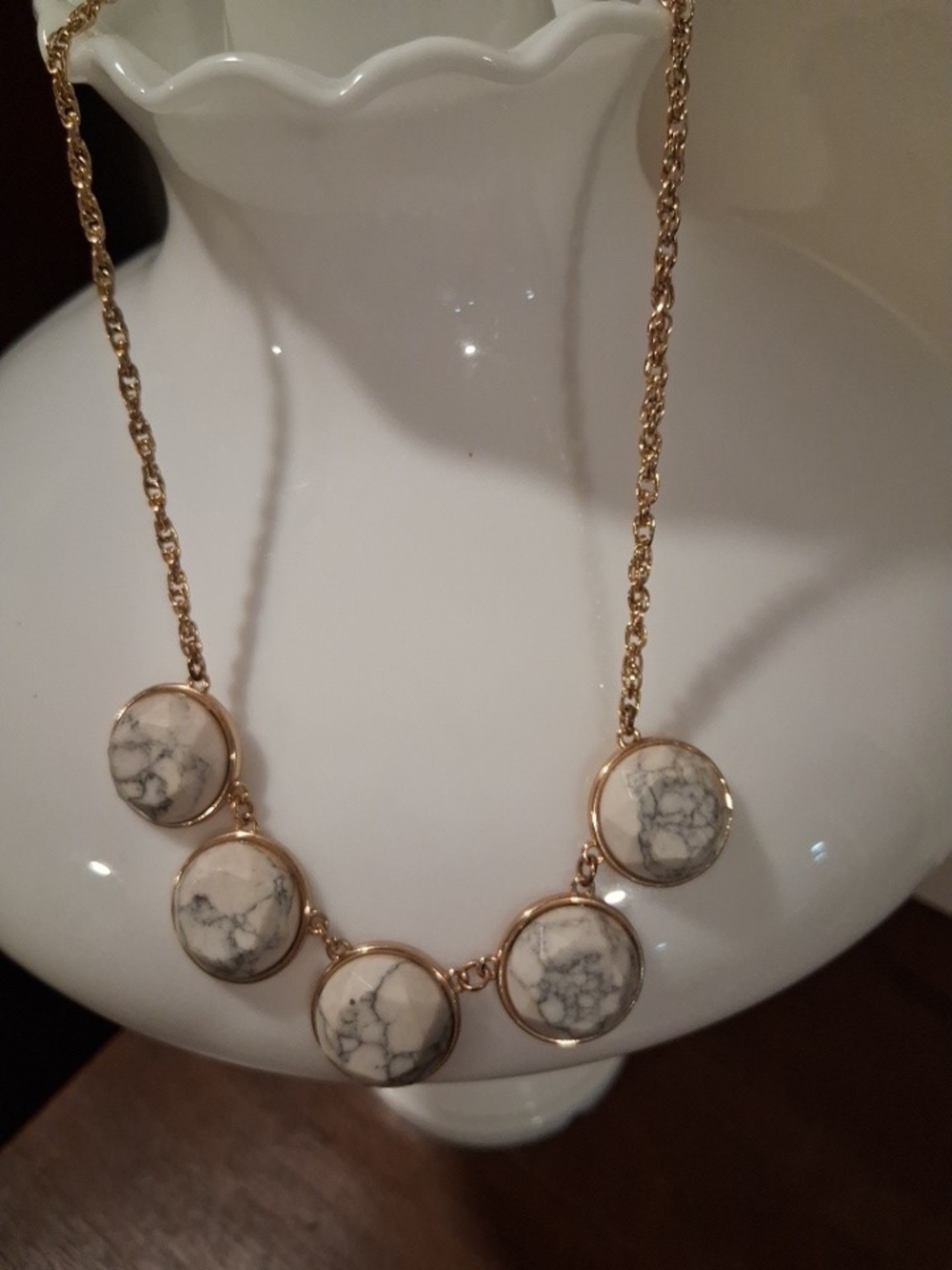 Gold-Tone Necklace with White Marbled Stone Discs Like